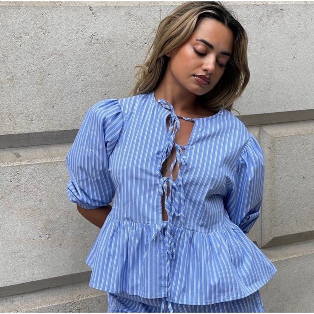 Marc New York Andrew Marc Blue White Striped Peplum Top NWT Medium